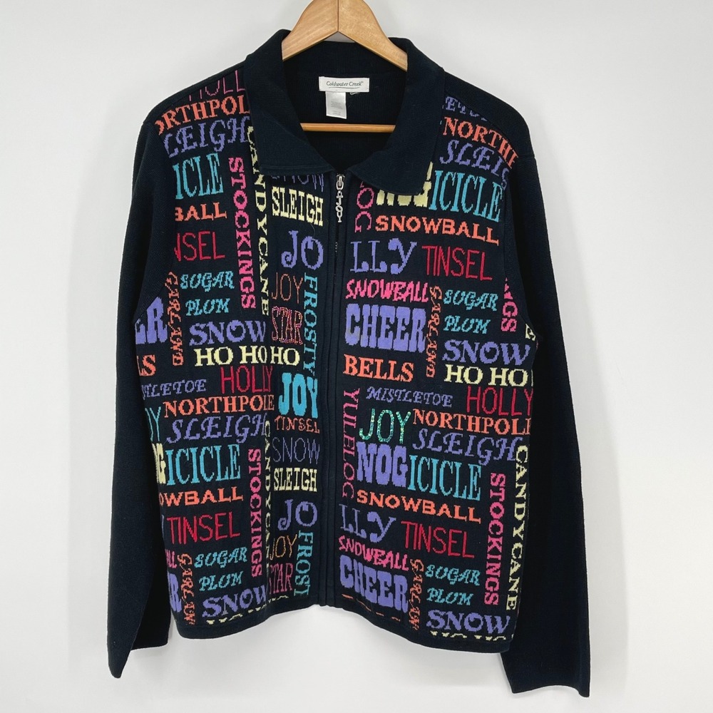 Vtg Coldwater Creek Black Zip Up Sweater Holiday Words‎ Beaded Size L Christmas